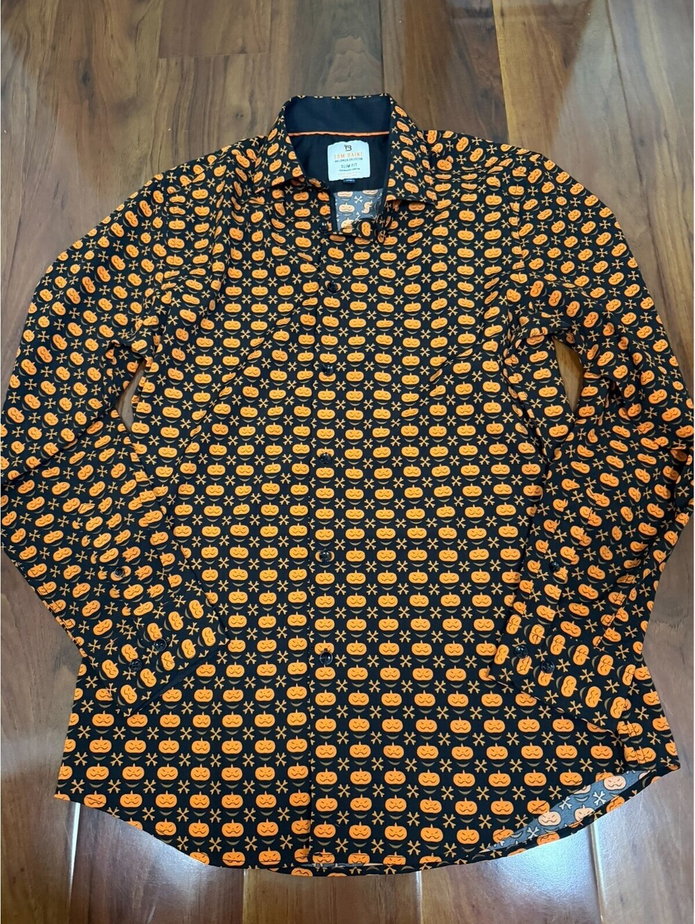 Tom Baine Long Sleeve Button Shirt Men's M Black Orange Slim Fit Halloween